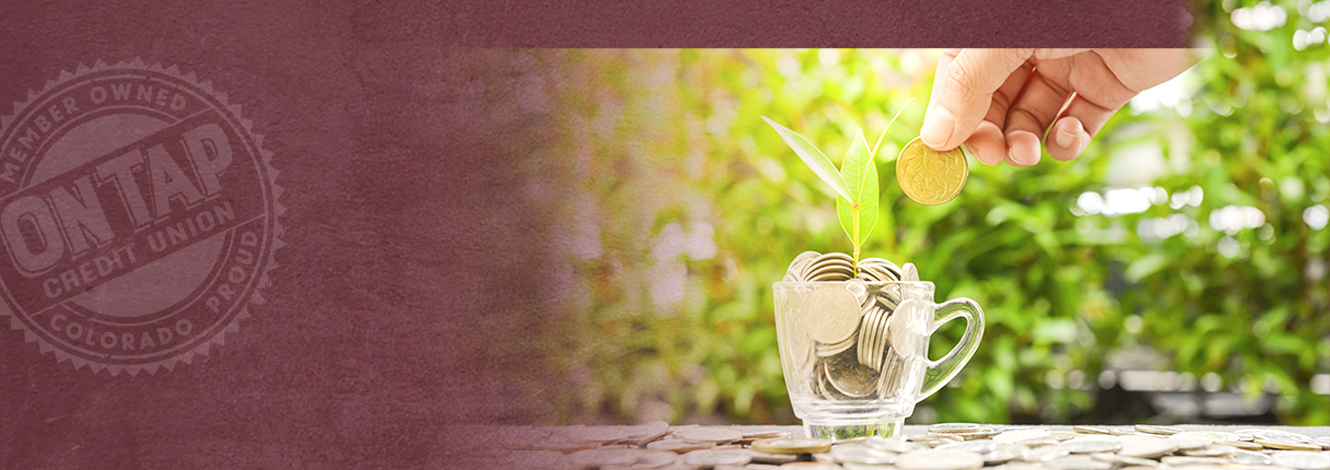 glass mug filled with coins, growing plant out of the top