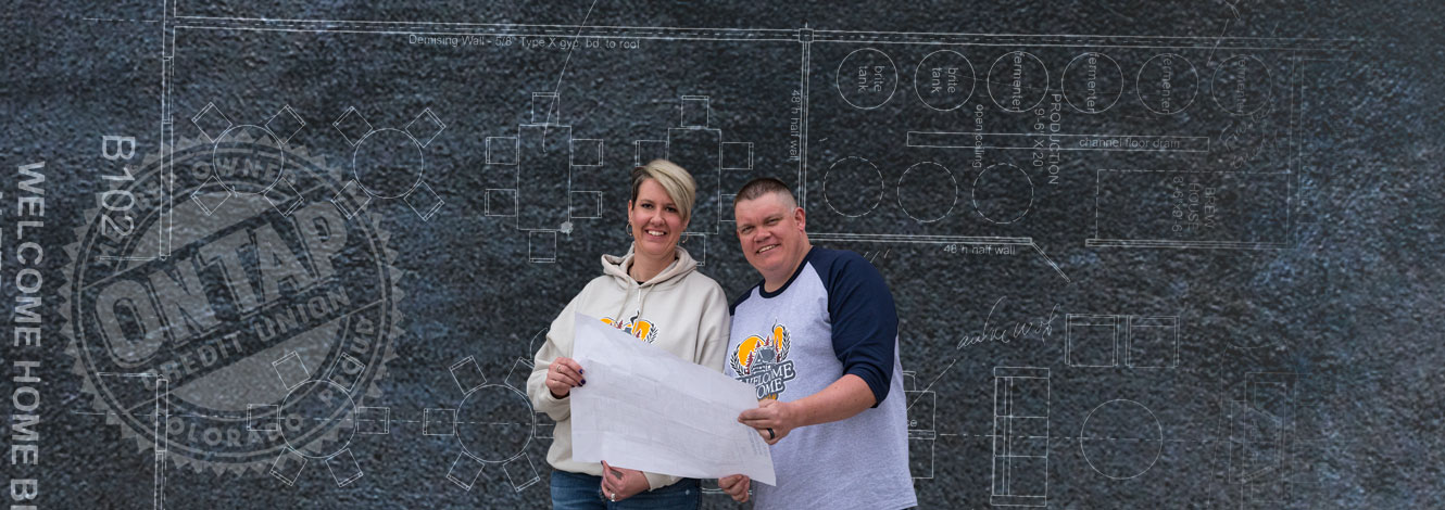composite of welcome home brewery owners with blue prints