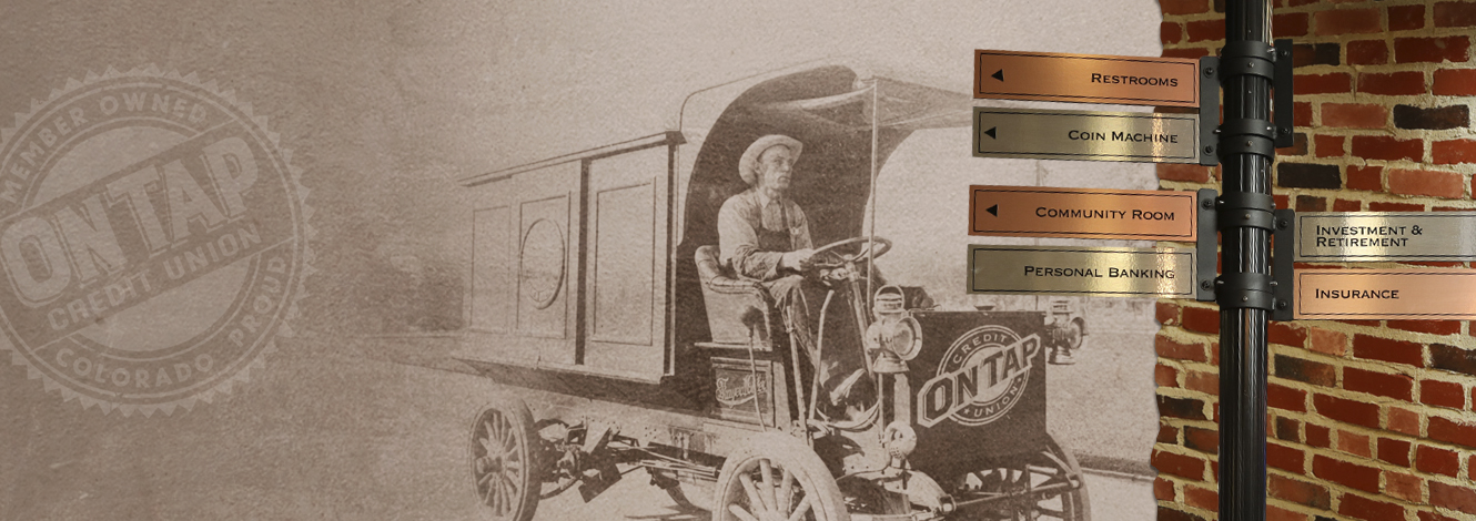 Collage of On Tap Credit Union's internal directional signage and historic image of man driving old car