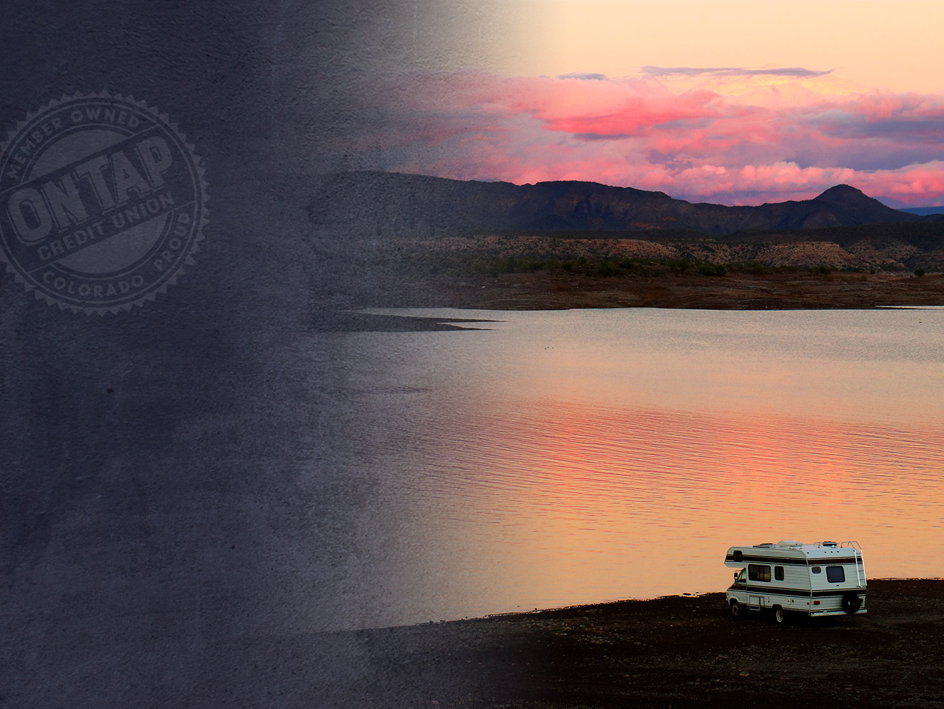 A camper van parked near a lake at susnet