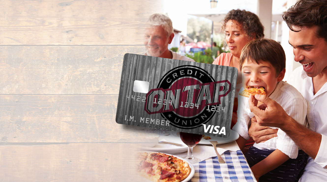 photo of boy eating pizza and composited on tap credit card